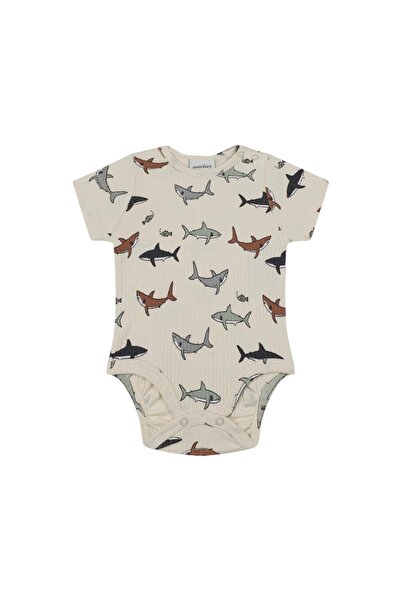 Antebies Organic Beige Shark Patterned Snap Fastener Short Sleeve Baby Boy Bo...