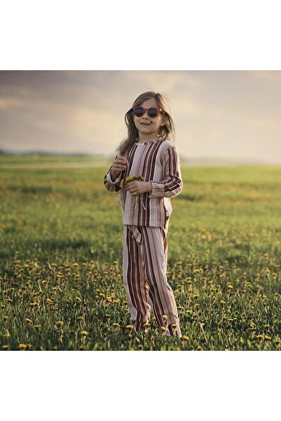 Antebies طقم بيجامة بناتي بأكمام طويلة ونمط خطوط عمودية وردية عضوية مع خصر مطاطي