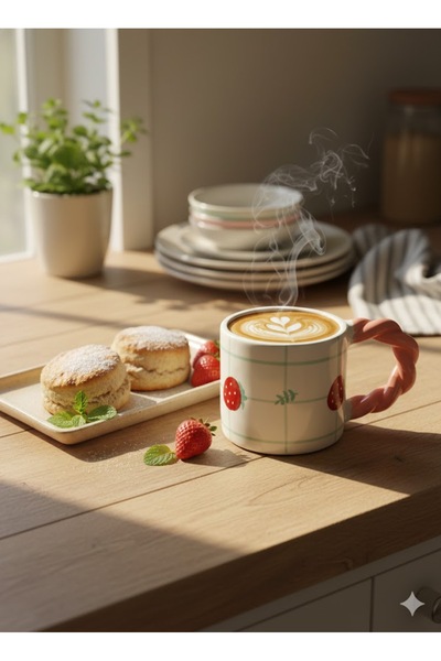 PALTO TASARIM Çilek Tasarımlı Örgü Sap Kupa - Hediye Seramik Kupa