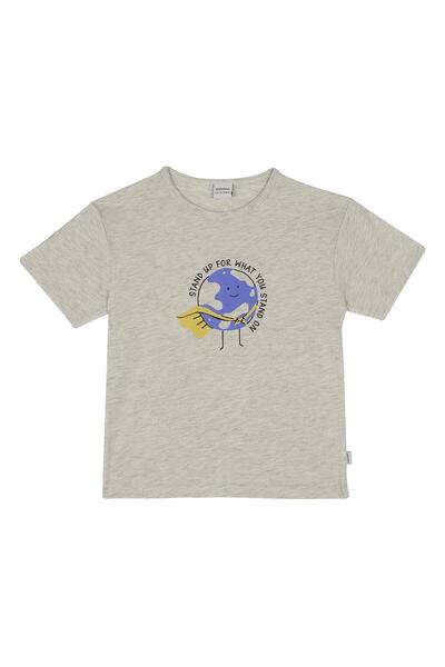 Antebies Organic Gray Melange Stand up Printed Short Sleeve Baby Girl Boy Tshirt