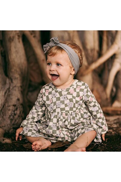 Antebies Organic Graphic Floral Pattern Snap Long Sleeve Baby Girl Dress