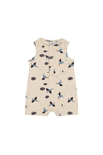 Antebies Organic, Beige, Dragon Patterned, Baby Boy Romper with Snap Fastener...