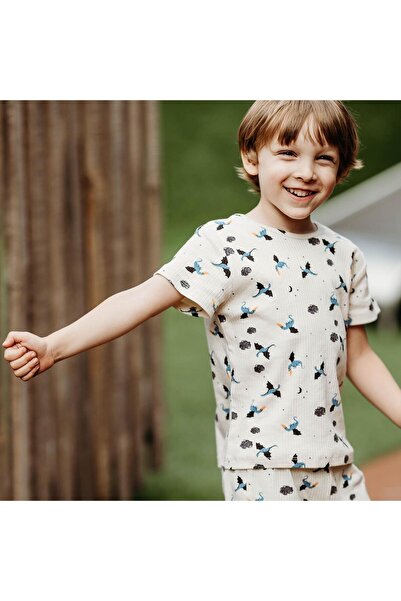 Antebies Organic Cream Dragon Patterned Elastic Waist Short Sleeve Boys' Paja...