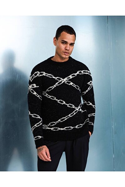 MATTİMODA Zincir Detay Örme Kumaş Siyah Erkek Kazak