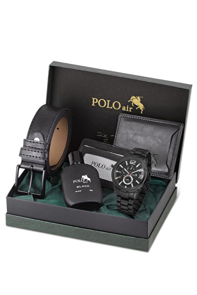 Polo Air Erkek Kol Saati Seti Cüzdan Kartlık Kemer Parfüm Kombin Siyah Renk K...