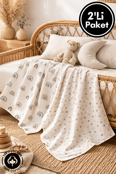 Miniel Unisex Bebek %100 Organik Pamuklu Sky Baskılı Çok Amaçlı Müslin Örtü &...