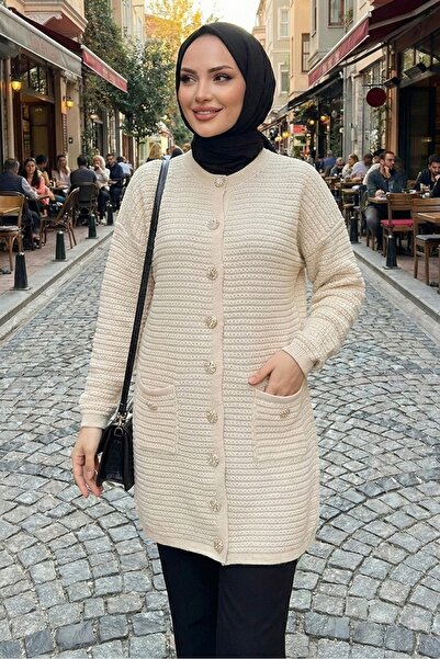 Bestenur Lezgi Düğmeli Triko Hırka 1599 - Bej