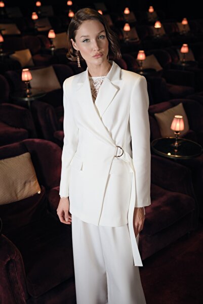 Sateen Довге пальто з кружевим коміром - Екрю