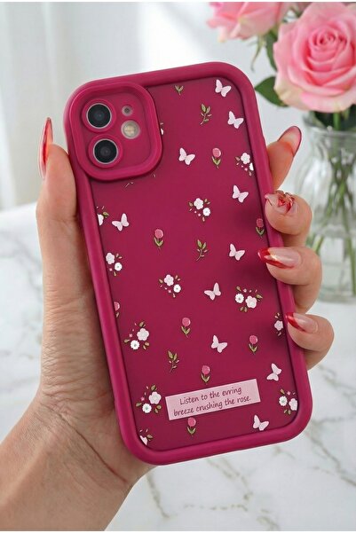Fibaks Apple iPhone 11 Kılıf Yumuşak Dokulu Kelebek ve Gül Desenli Yumuşak Ka...