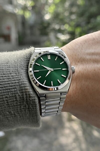 LONES TIME Men's Metal Wristwatch Green Dial Silver Band in Special Box