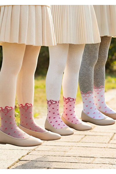 Hstoree 80% Cotton 3-Piece Advantage Pack - Heart Patterned Colorful Girls Pantyhose