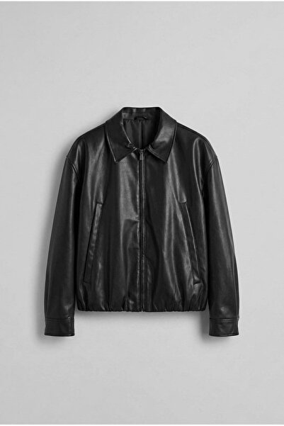 ablukaonline Jachetă de piele de bază cu fermoar oversize pentru bărbați, neagră