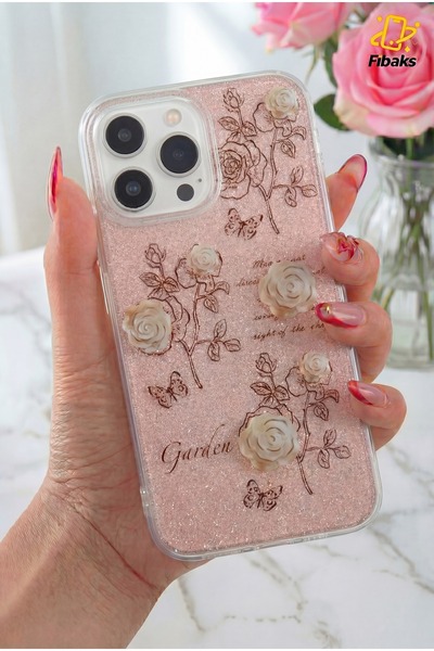 Fibaks Apple iPhone 11 Pro Max Uyumlu Kılıf Simli Beyaz Gül Desenli Renkli Pa...