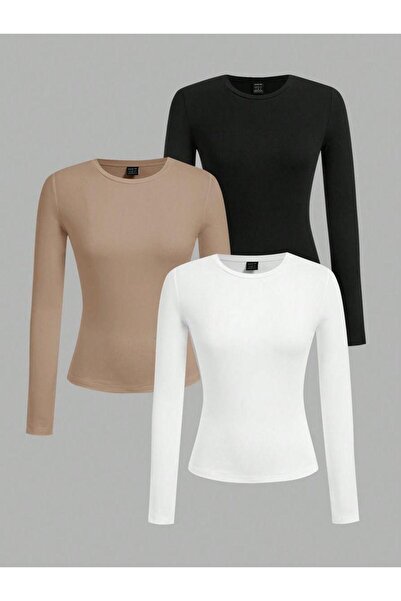 ÖZ PAMUK DÜZ Kumaş 3'LÜ Likralı ESNEK Bisiklet Yaka BASİC Bluz