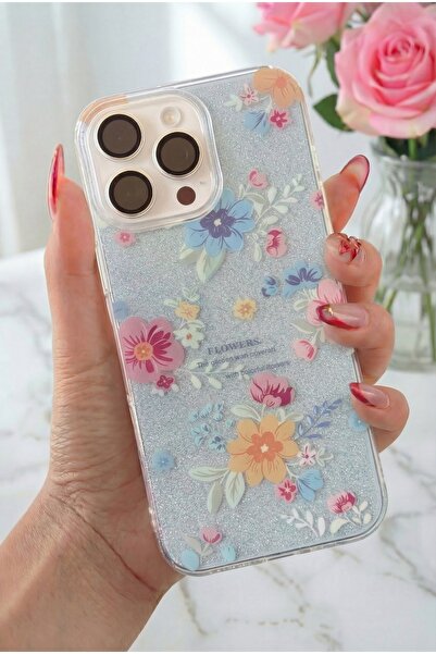 Fibaks حافظة آيفون 11 برو ماكس ذات نمط زهرة لامعة زرقاء اللون وغطاء ممتص للصدمات