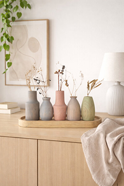 Dekoratif ahşap tabaklı Flora Set mini 5'li vazo set