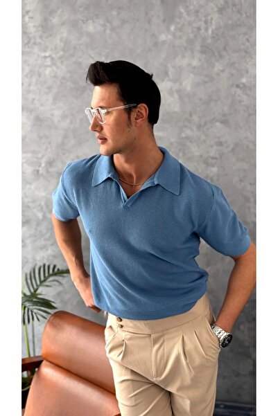 MODEFENDİ تيشيرت رجالي محبوك بياقة بولو من إنديجو