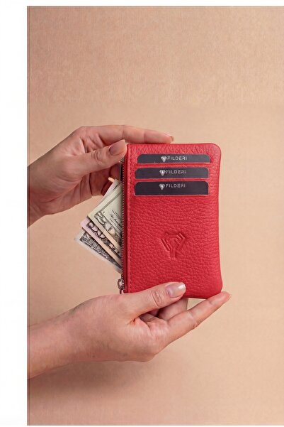 Fil Deri Γνήσιο δερμάτινο φερμουάρ με θήκη για κέρματα, κόκκινο χρώμα, γυναικ...