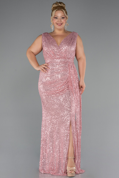 Abiyefon Pudra Kolsuz Kruvaze Yaka Uzun Pullu Büyük Beden Abiye ABU3194