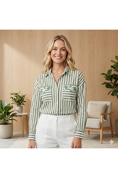 CRYSTALİA Yeşil Beyaz Çizgili Çift Cepli Gömlek