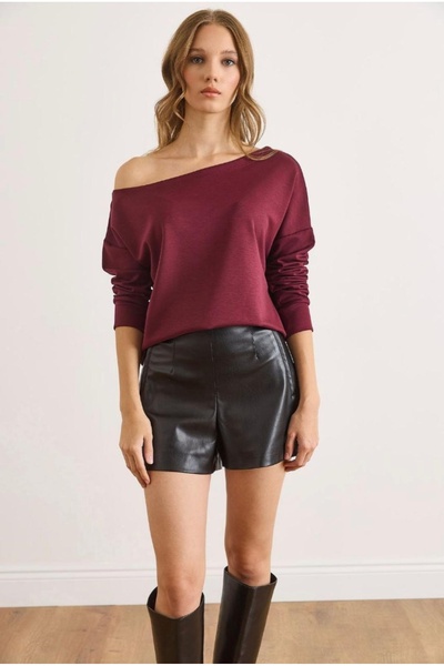 Be Best Bluză casual pentru femei, bordeaux, cu decolteu barcă, cu umăr dezac...