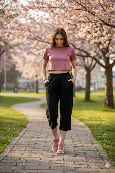 BKY Kadın Siyah Yüksek Bel Kapri Eşofman Altı