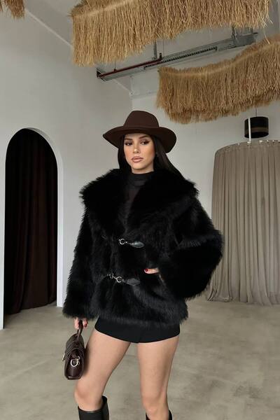 fatih eşarp V Neck Faux Fur Coat
