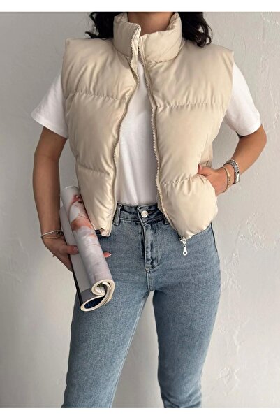 Be Best Vestă scurtă, fără mâneci, de culoare bej pentru femei BE161
