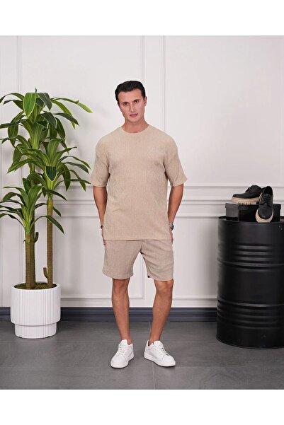 MODEFENDİ Men's Cream Crinkle Fabric Cotton Bottom + Top Set