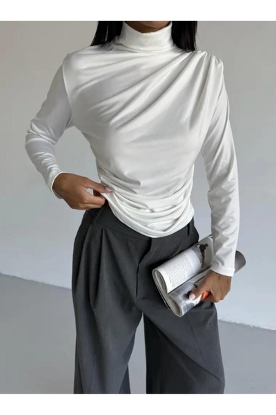 Be Best Women's White Turtleneck Gathered Blouse Be176