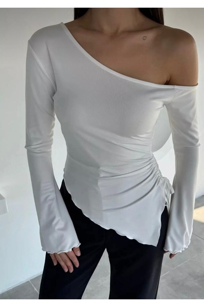 Be Best Bluză albă pentru femei, cu un singur umăr, cu mânecă spaniolă, cu șn...