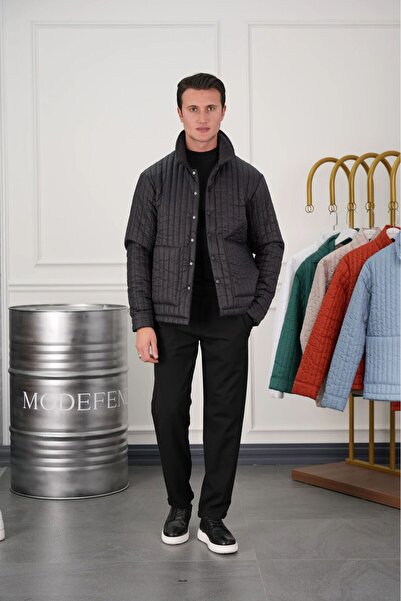 MODEFENDİ Erkek Siyah Çizgi Detaylı Klasik Kesim Yan Ceplı Cıtcıt Kapamalı Do...