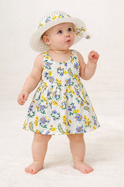 Chicsy Baby Tatlı Çiçek Desenli Şapkalı Fiyonklu Kız Bebek Elbisesi
