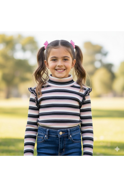 fancykidsantalya بلوزة مخططة مكشكشة بأكمام طويلة ونصف رقبة للبنات – مزيج من ا...