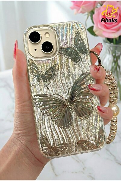 Fibaks iPhone 13 - 14 - 15 Kılıf Hologramlı Charm Askılı Hologram Kelebek Tas...