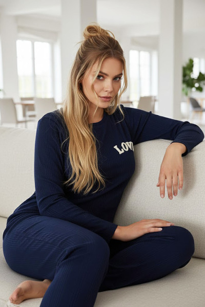 Siyah İnci lacivert love nakışlı Fitilli Örme Pijama Takım25226001