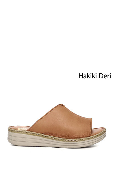 GÖNDERİ(R) Women's Tan Wedge Heel Genuine Leather Comfort Slippers