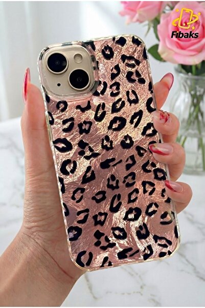 Fibaks iPhone 13/14/15 Kılıf Hologramlı Pembe Leopar Desenli Darbe Emici Kame...