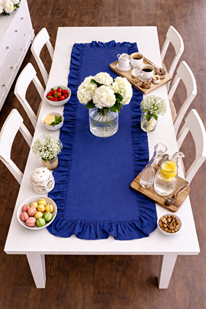 ÇIQRIK HOME Natural Fırfırlı Vintage Lacivert Runner Ranır 40x110 Cm