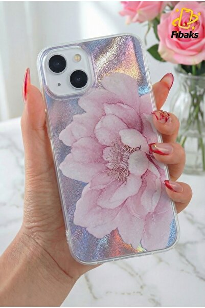 Fibaks iPhone 13/14/15 Kılıf Hologramlı Mor Şakayık Çiçeği Desenli Darbe Emic...