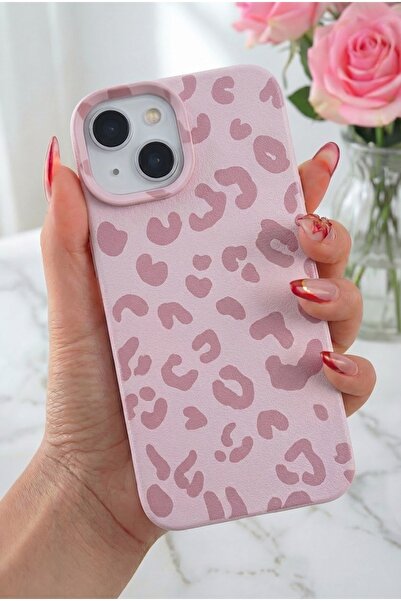 Fibaks iPhone 13 - 14 - 15 Kılıf Pembe Leopar Desenli Esnek İnce Yumuşak Silikon