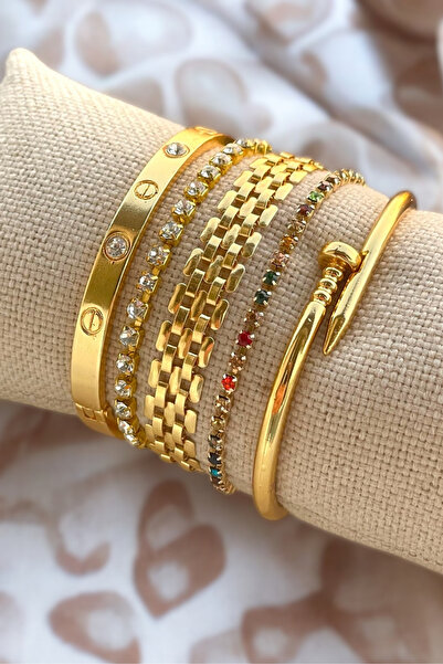 Crc Bijuteri مجموعة أساور نسائية مكونة من 5 قطع مطلية بالذهب ومزينة بأحجار ال...