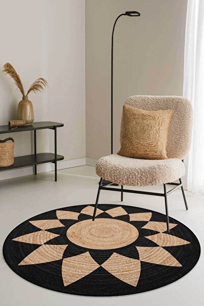 Decomia Home Dijital Kaymaz Yıkanabilir Jüt Görünümlü Yuvarlak Salon Halısı M...