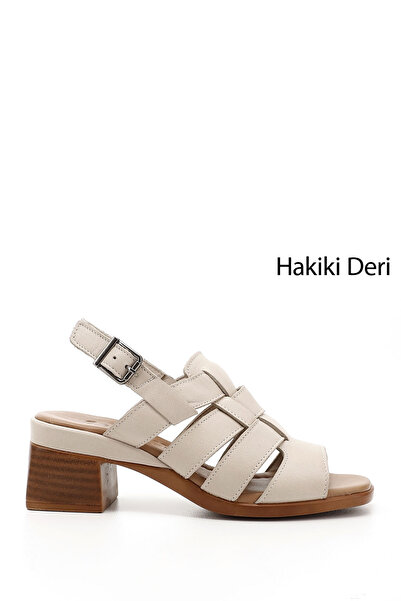 GÖNDERİ(R) Kadın Bej Antik Örgü Bantlı Kalın Topuklu Hakiki Deri Sandalet