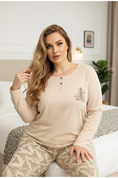 Siyah İnci bej desenli Curve Büyük Beden Battal Boy Pamuklu Pijama Takım25240804