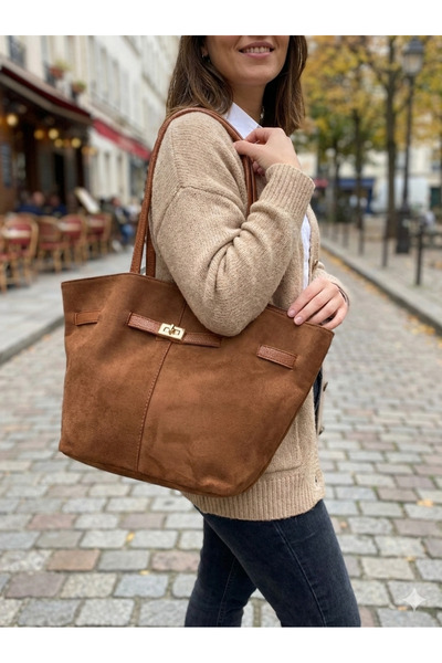 Nevalia Taba Süet-Suni Deri Kemer Detaylı Omuz Ve Askılı Kadın Çantası