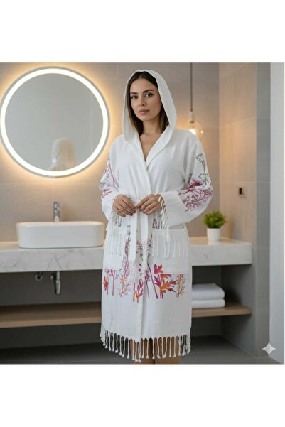 Nevin Acar Червоний цикорій, розкішний принт, бамбуковий халат з капюшоном