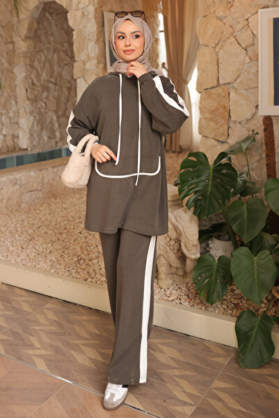 İmajButik Χακί με κουκούλα αντίθεση χρωμάτων Σετ Παντελόνι Τουνίκ