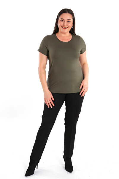 SERTUĞ Trend42plus Μπλούζα με λαιμόκοψη μεγάλου μεγέθους Basic Khaki