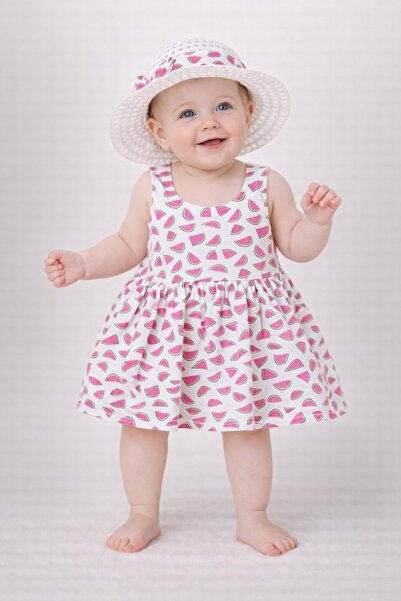 Chicsy Baby Tatlı Karpuz Desenli Şapkalı Fiyonklu Kız Bebek Elbisesi